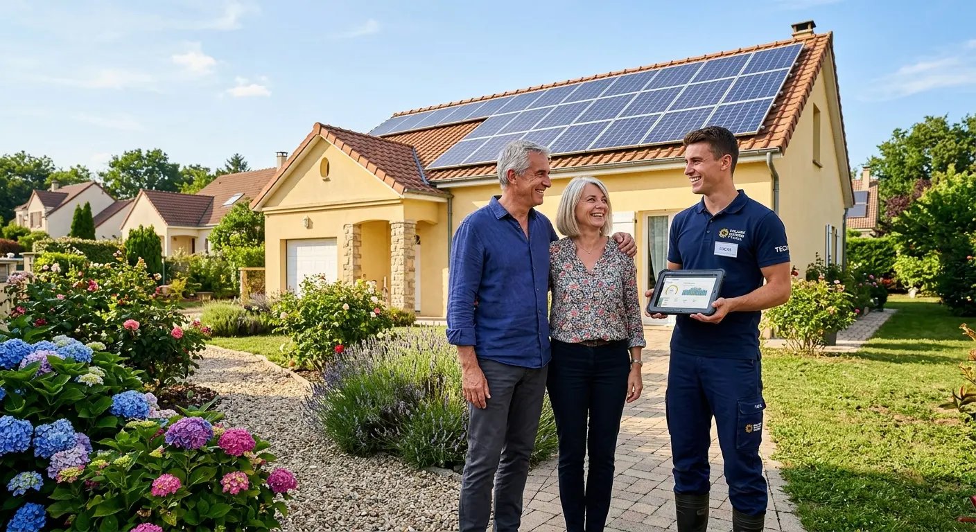 Technicien et couple devant une maison équipée de panneaux solaires
